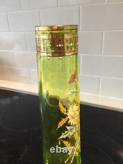 Art Nouveau French Antique Enameled Flowers Green Glass Vase Legras