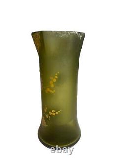 Art Nouveau French Antique Enamelled Flowers Green Glass Vase Legras