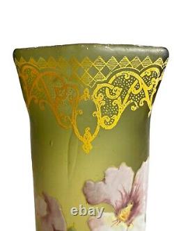 Art Nouveau French Antique Enamelled Flowers Green Glass Vase Legras