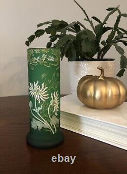 Art Nouveau French Legras Enamel Chrysanthemum Satin Glass Vase c1900