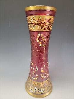 Art Nouveau French or Bohemian Enameled Cranberry Cameo Glass Vase