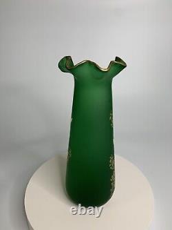 Art Nouveau Mont Joye Legras French Enameled Satin Green Glass Vase Gold Trim