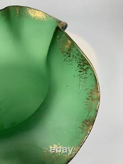 Art Nouveau Mont Joye Legras French Enameled Satin Green Glass Vase Gold Trim