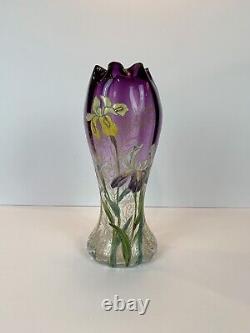 Art Nouveau Mont Joye Legras IRIS Art Glass Vase Purple to Clear French Enamel