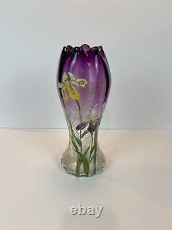 Art Nouveau Mont Joye Legras IRIS Art Glass Vase Purple to Clear French Enamel