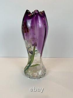 Art Nouveau Mont Joye Legras IRIS Art Glass Vase Purple to Clear French Enamel