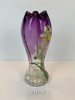 Art Nouveau Mont Joye Legras IRIS Art Glass Vase Purple to Clear French Enamel