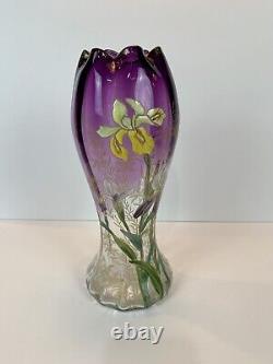 Art Nouveau Mont Joye Legras IRIS Art Glass Vase Purple to Clear French Enamel