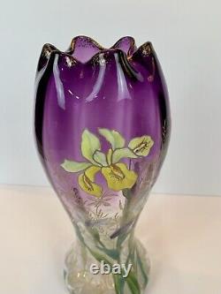 Art Nouveau Mont Joye Legras IRIS Art Glass Vase Purple to Clear French Enamel