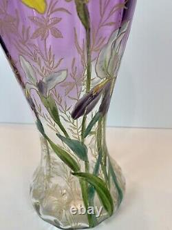 Art Nouveau Mont Joye Legras IRIS Art Glass Vase Purple to Clear French Enamel