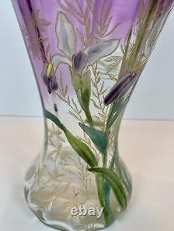 Art Nouveau Mont Joye Legras IRIS Art Glass Vase Purple to Clear French Enamel