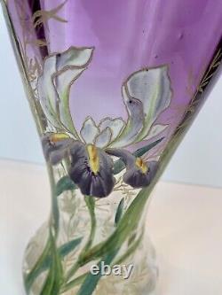 Art Nouveau Mont Joye Legras IRIS Art Glass Vase Purple to Clear French Enamel