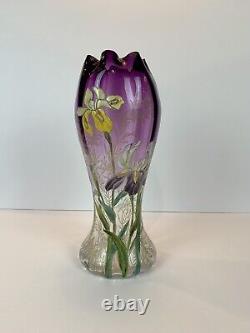 Art Nouveau Mont Joye Legras IRIS Art Glass Vase Purple to Clear French Enamel