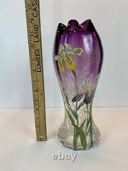 Art Nouveau Mont Joye Legras IRIS Art Glass Vase Purple to Clear French Enamel