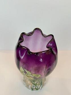 Art Nouveau Mont Joye Legras IRIS Art Glass Vase Purple to Clear French Enamel