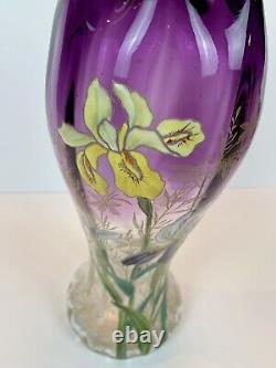 Art Nouveau Mont Joye Legras IRIS Art Glass Vase Purple to Clear French Enamel