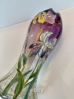 Art Nouveau Mont Joye Legras IRIS Art Glass Vase Purple to Clear French Enamel