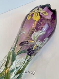 Art Nouveau Mont Joye Legras IRIS Art Glass Vase Purple to Clear French Enamel