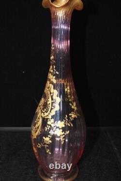 Art Nouveau Mont Joye Legras Victorian Cranberry Ribbed Vase Gold Gilt 306