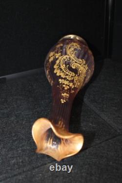 Art Nouveau Mont Joye Legras Victorian Cranberry Ribbed Vase Gold Gilt 306