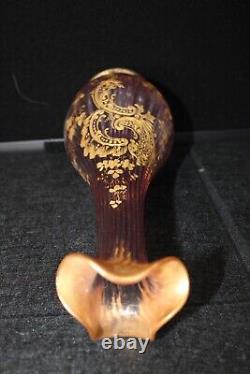 Art Nouveau Mont Joye Legras Victorian Cranberry Ribbed Vase Gold Gilt 306