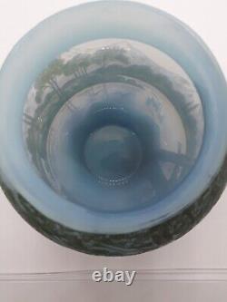 Art Nouveau Signed DeVez Cameo Glass Vase Blues And Green Landscape Scene