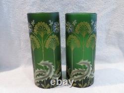 Art nouveau 1900 french enameled glass Legras 2 cylinder vases 24cm 9,45inch ety