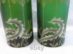 Art nouveau 1900 french enameled glass Legras 2 cylinder vases 24cm 9,45inch ety