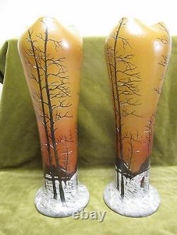 Art nouveau 1900 french enameled glass Legras 2 large vases winter landscape