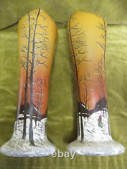 Art nouveau 1900 french enameled glass Legras 2 large vases winter landscape