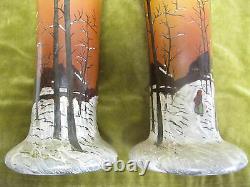 Art nouveau 1900 french enameled glass Legras 2 large vases winter landscape