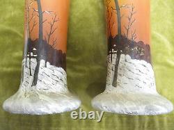 Art nouveau 1900 french enameled glass Legras 2 large vases winter landscape