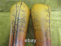 Art nouveau 1900 french enameled glass Legras 2 large vases winter landscape