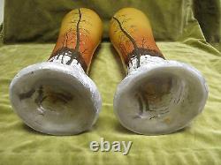 Art nouveau 1900 french enameled glass Legras 2 large vases winter landscape