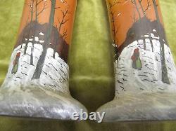 Art nouveau 1900 french enameled glass Legras 2 large vases winter landscape