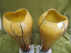 Art nouveau 1900 french enameled glass Legras 2 large vases winter landscape