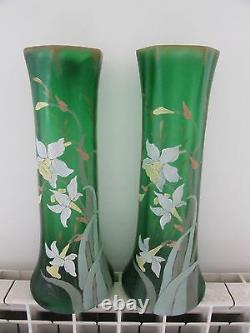 Art nouveau 1900 french enameled glass Legras 2 vases Daffodils 40cm 15,7inch