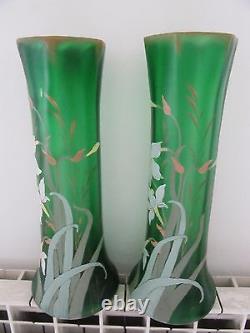Art nouveau 1900 french enameled glass Legras 2 vases Daffodils 40cm 15,7inch