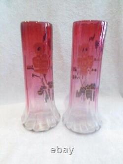 Art nouveau 1900 french enameled ruby glass 2 vases (Lamartine form) Legras