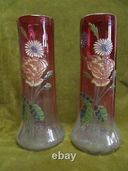 Art nouveau 1900 french enamelled ruby glass 2 vases (Lamartine form) Legras
