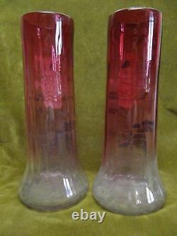 Art nouveau 1900 french enamelled ruby glass 2 vases (Lamartine form) Legras