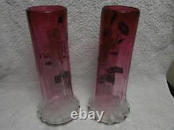 Art nouveau 1900 french enamelled ruby glass 2 vases (Lamartine form) Legras