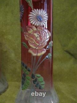 Art nouveau 1900 french enamelled ruby glass 2 vases (Lamartine form) Legras