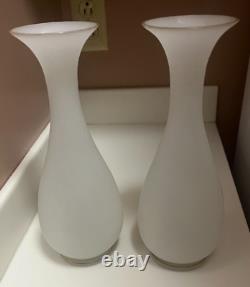 Atq 2 Vases French White Satin Opaline Gold Trim 10 Portieux Vallerys