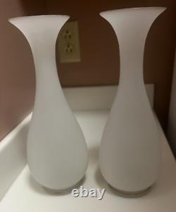 Atq 2 Vases French White Satin Opaline Gold Trim 10 Portieux Vallerys