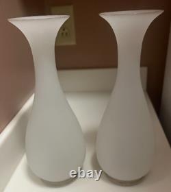 Atq 2 Vases French White Satin Opaline Gold Trim 10 Portieux Vallerys