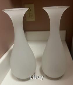 Atq 2 Vases French White Satin Opaline Gold Trim 10 Portieux Vallerys