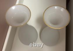 Atq 2 Vases French White Satin Opaline Gold Trim 10 Portieux Vallerys