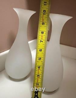 Atq 2 Vases French White Satin Opaline Gold Trim 10 Portieux Vallerys