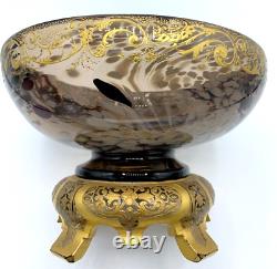 Atq Glass Bowl Vase Mellerio Legras Compote Centerpiece Gilt Japonisme Mount Uv